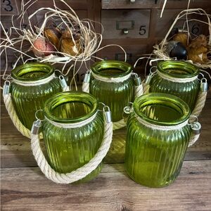 Green Glass Lanterns with Rope Handles